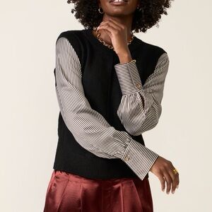 EVEREVE Dana Satin Sleeve Twofer Sweater Black Silver | Size M